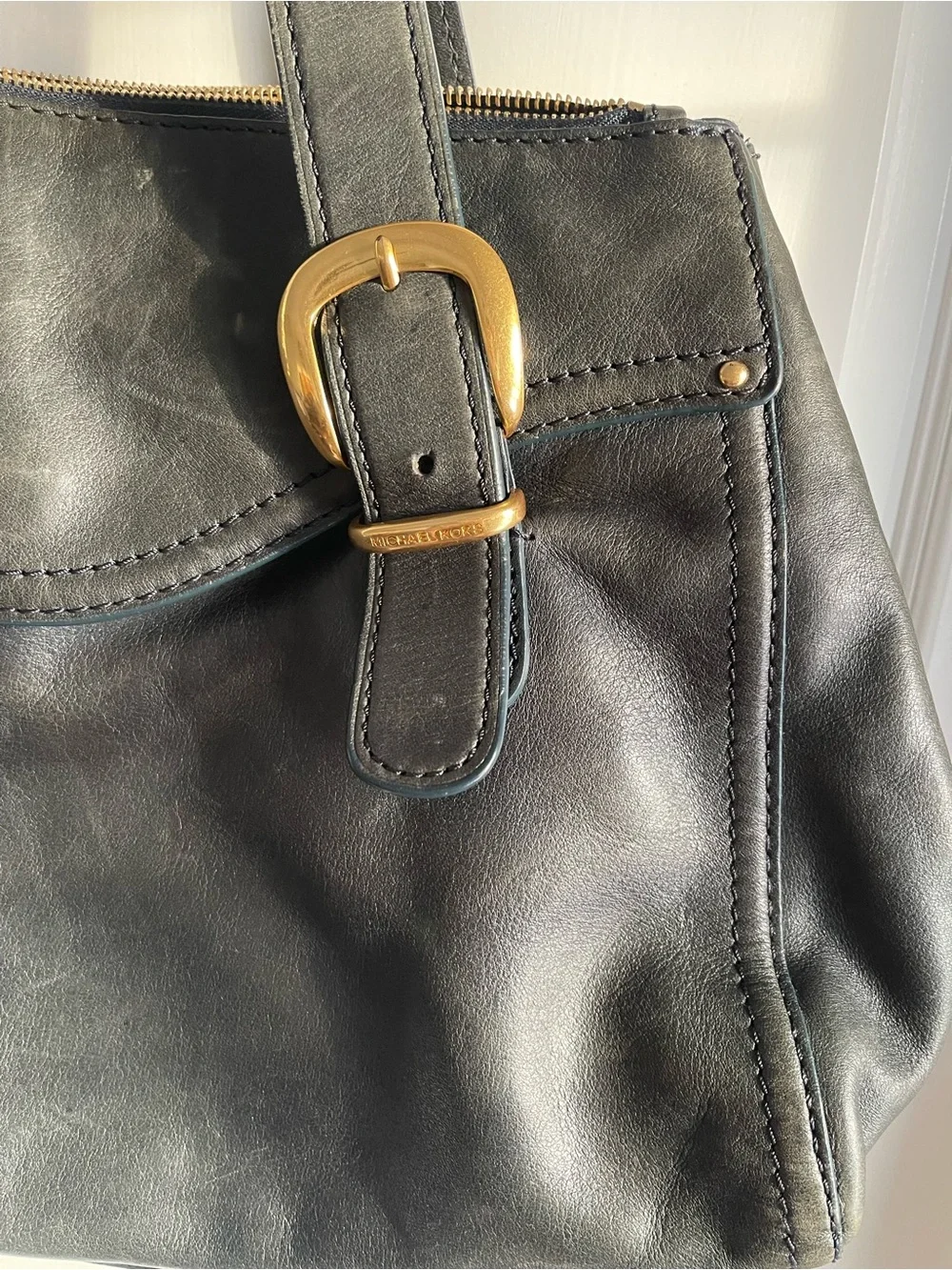 Vintage Michael Kors Anniversary Teal Blue Green Leather Tote Bag Gold Y2K